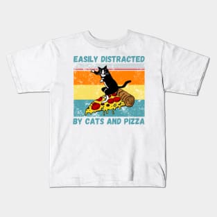 Easily Distracted By Cats And Pizza Funny Cats And Pizza Lover Kids T-Shirt